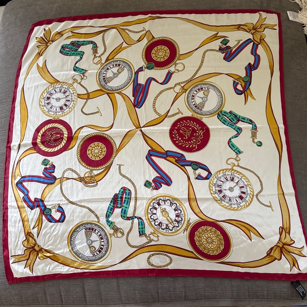Vintage-inspired  Scarf with Watch Medallion Print - Cream, Gold & Burgundy
